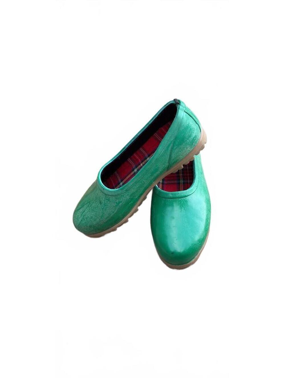 Vintage Mid West Green Rubber Rain Shoes Plaid Lining Size 8